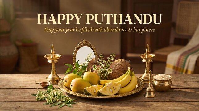Happy puthandu celebration with traditional fruits and decorations on a wooden table indoors