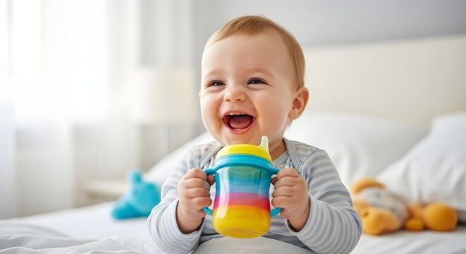 Happy baby holding colorful sippy cup while sitting on bed.