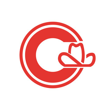 The letter C and a cowboy hat red emblem of Calgary city, Canada. Calgary city flag element