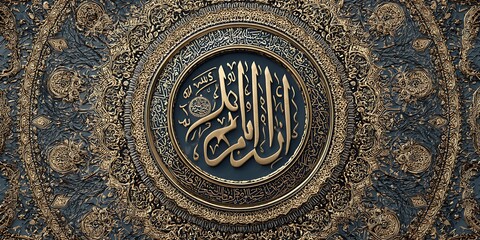 Obraz premium Intricate Islamic Geometric Dome Features Beautiful Blue Gold Patterns and Calligraphy Design