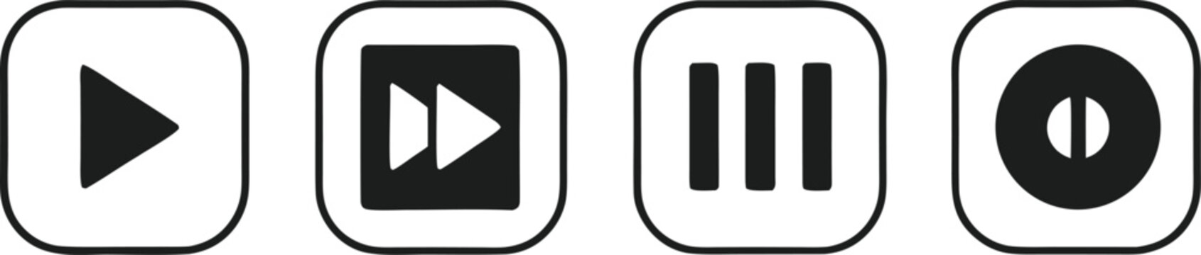 Black player control buttons on white background play button pause button volume control