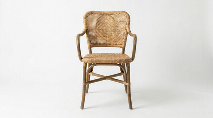 Fototapeta premium Woven rattan armchair with natural texture and simple design, isolated on white background - interior design furniture concept, home decor