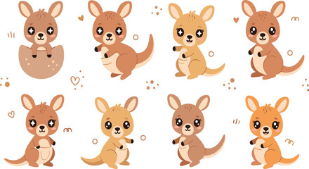 Fototapeta premium Cute Kangaroo Cartoon Character Set Featuring Adorable Baby Animals with Big Eyes in Various Poses for Nursery, Kids, and Playful Vector Illustration Design.