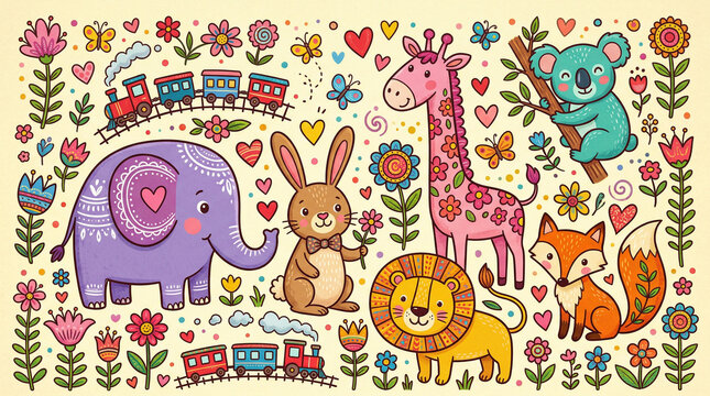 Cute cartoon animals - elephant, rabbit, lion, fox, giraffe, koala - with trains, flowers, and hearts, children's illustration style
