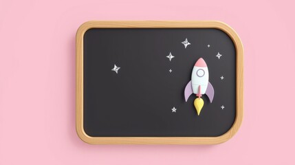 Fototapeta premium Chalkboard displays rocket ship, stars. Pink wall provides backdrop. Simple design, playful aesthetic, educational tool.