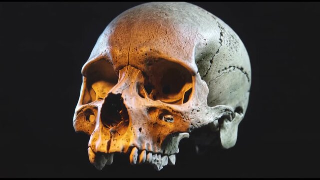 A prehistoric human skull rotates in studio darkness showing the structure and features that tell stories of human evolution and ancient life.