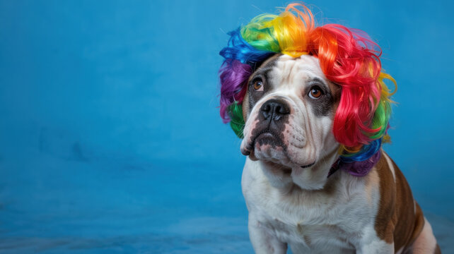 A bulldog wearing a colorful rainbow wig on a blue background