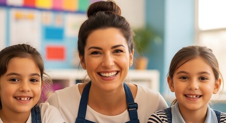 Fototapeta premium A smiling woman with two girls in a brightly lit room. They appear happy