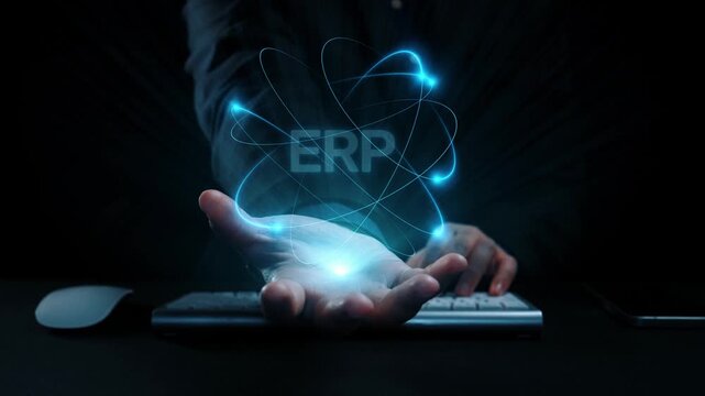 ERP platform visual showing centralized system for enterprise resource planning, improving integration, data flow, business efficiency, finance, inventory, and human resources. Elide