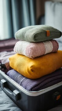 A closeup view of four folded sweaters in pastel and earthy tones placed on a suitcase, suggesting preparation for a trip. The soft textures and organized packing evoke comfort and travel vibes