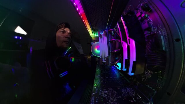 A man removes the glass side panel of a gaming PC and peers inside, captured in a close-up, wide-angle view. The scene highlights vibrant RGB lighting and hardware components in a high-tech, illuminat
