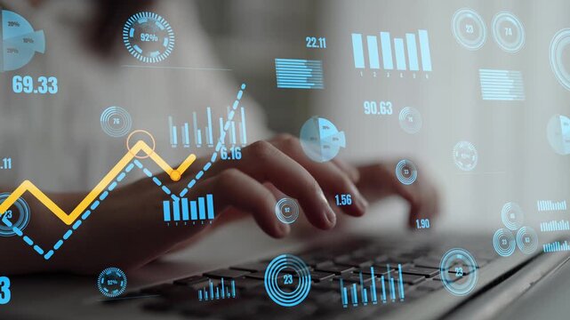 A person types on a laptop, surrounded by digital graphs and charts, highlighting the significance of data analysis in business and technology environments. Xenic