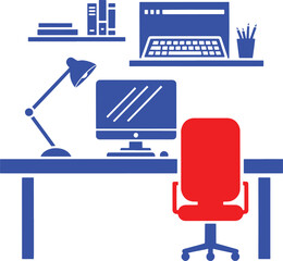 Fototapeta premium Red Office Chair at Blue Desk with Computer and Lamp monitor