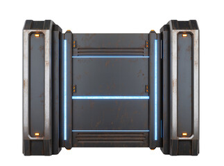 Isolated futuristic rusted heavy metal barrier or sci-fi door with glowing blue and orange lights © Ciara