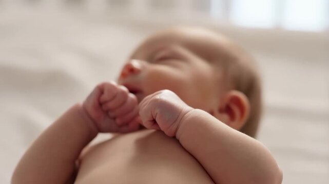 Close up of newborn baby with tiny clenched fists in soft light tender infancy concept