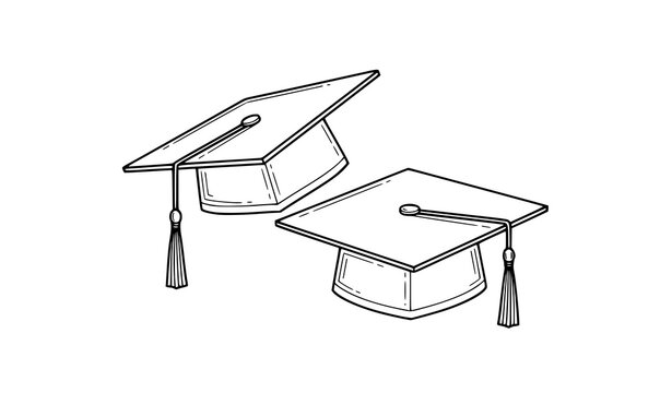 A minimalist line art illustration of two graduation caps with tassels
