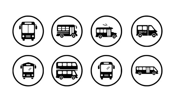 A set of black and white bus icons in circular frames