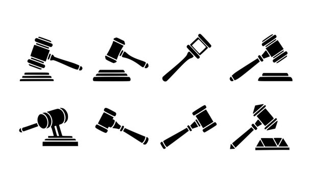 A set of black and white vector gavel icons for law and justice