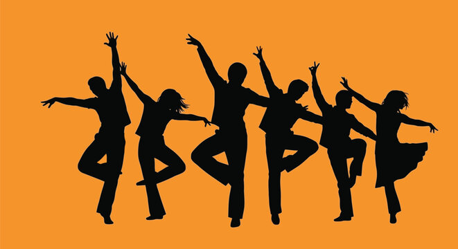 Dynamic silhouettes of six individuals striking graceful dance poses, captured mid-movement against a vibrant orange background, representing freedom, artistic expression, and joyful energy.