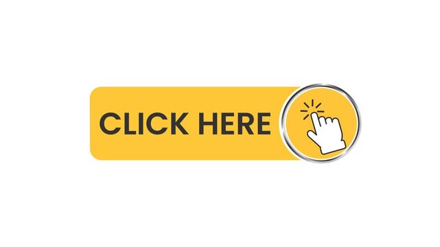 Animated Click Here Button 4K: Yellow Gradient Web Banner with Metallic Chrome Frame and Interactive Mouse Cursor Click on Alpha Channel