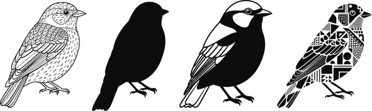 A diverse set of four bird illustrations displays different artistic styles, ranging from detailed line art to solid silhouettes and abstract patterns, on a clean white background.