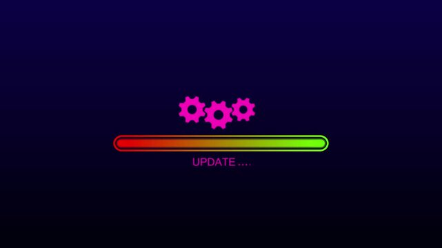 The update process with spinning settings gear symbol. High quality 4K motion graphics . A updating loading bar 4k animation on black background for software progress visuals.