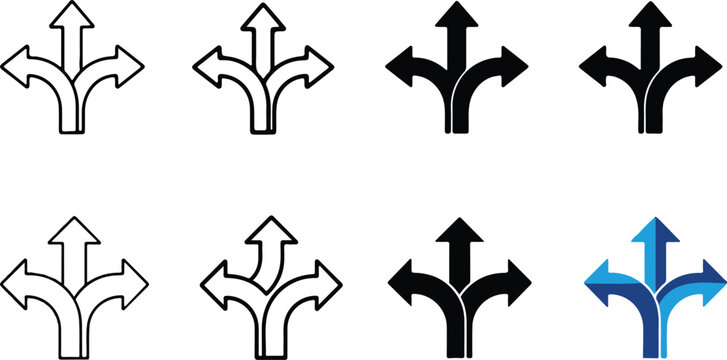Three way arrow icons - choice decision and diversification vector set