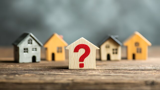 Wooden house model with a red question mark in front of other houses
