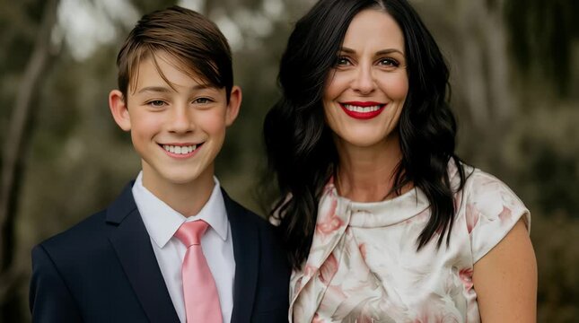 Smiling mature woman posing with her teenage son