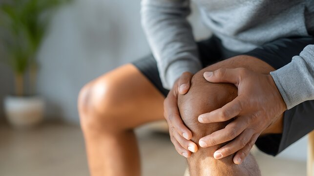 Close up of a man suffering from severe knee pain holding his leg with both hands