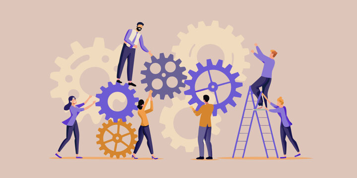 Teamwork and collaboration concept with people interacting with gears
