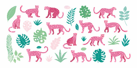 A playful collection of pink leopards and tropical foliage illustrations © Nirob