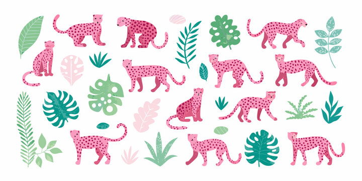 A playful collection of pink leopards and tropical foliage illustrations