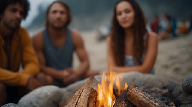 Friends gather around a crackling bonfire on a sandy beach during twilight sharing a moment of warmth and connection as the day ends