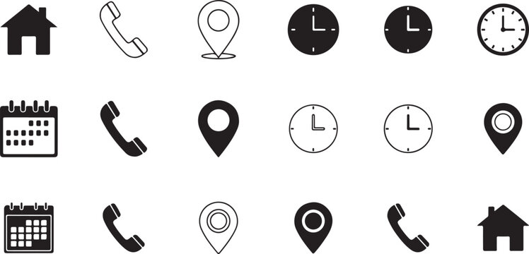 Essential business contact icons - time location and home vector set