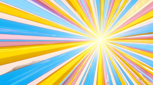 Abstract background with bright yellow blue and pink radial stripes and a glowing sunburst