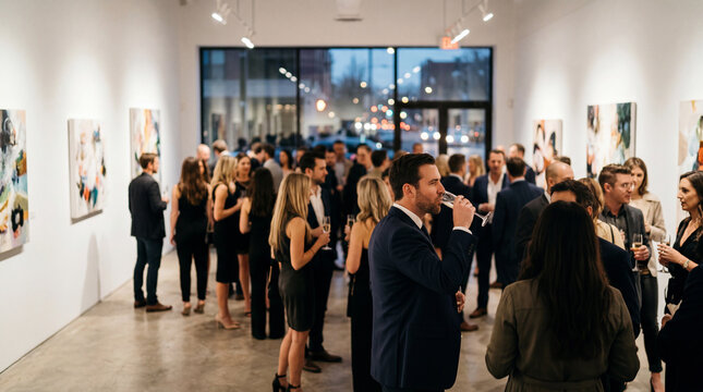 Elegant Crowd of Smartly Dressed People Mingling and Drinking Champagne at Modern Art Gallery Exhibition Opening Reception