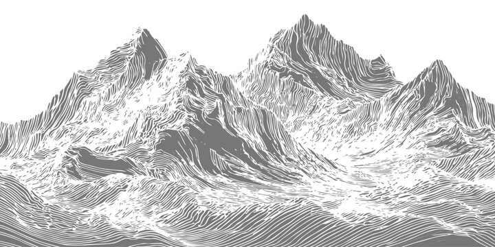 Gray and white 3D mountain range landscape, abstract topographic terrain mesh, minimalist rocky peaks on white background