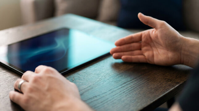 Macro hands gesturing beside cyan-glowing tablet, negative space, advisory strategy