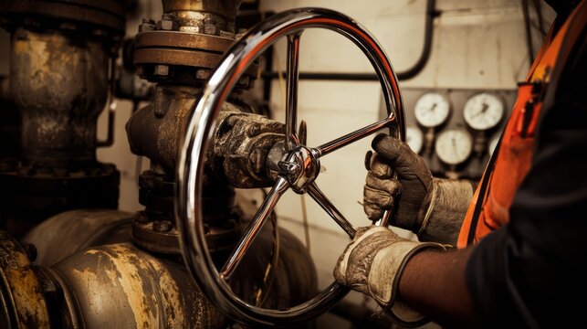 Oil pipeline valve technician turning a large chrome gate valve.