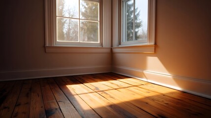 Fototapeta premium Warm sunlight streams through creating geometric patterns on an empty room s wooden floor
