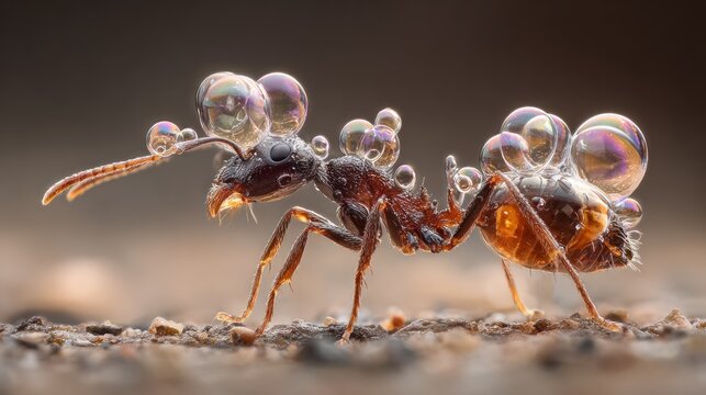 A macro closeup of a small black formica ant with detailed legs and antennas crawls over a green leaf and flower in nature
