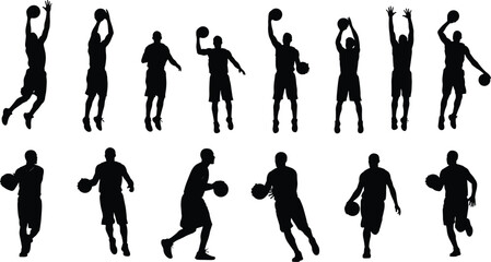 Black Silhouette Set of Professional Basketball Players Dribbling Shooting and Jumping Isolated on White Background for Sports Graphic Design Elements © Jafrin