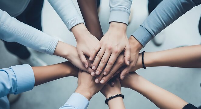 Diverse group of people stacking hands together in unity and teamwork