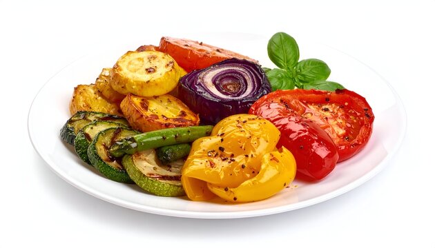 Colorful plate of grilled vegetables, including zucchini, squash, peppers, tomato, onion