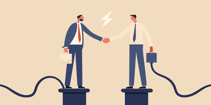 Two businessmen connect with a handshake over a digital divide