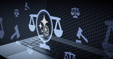 Justicia digital y ética de la inteligencia artificial balanza jurídica con destellos de innovación tecnológica y derecho procesal © sh99