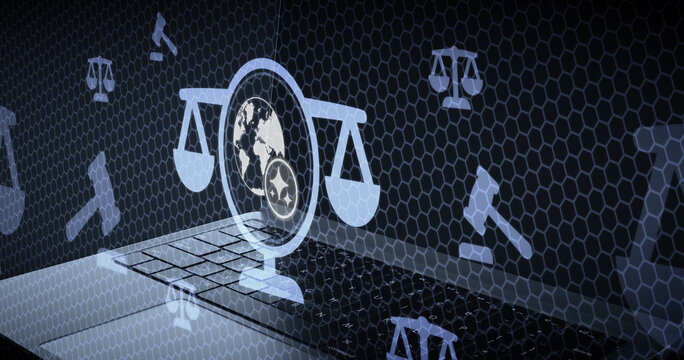 Regulaci&oacute;n global de la inteligencia artificial y derecho internacional balanza de justicia con globo terr&aacute;queo y leyes mundiales