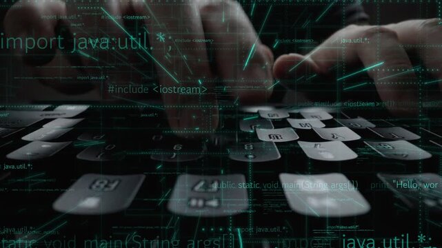 A focused close-up view of hands typing on a laptop keyboard, surrounded by glowing digital elements and programming text, creating a modern tech atmosphere. Xenic
