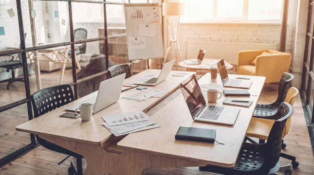 Vibrant collaborative workspace with multiple laptops and documents on a large wooden table in a sunlit office.